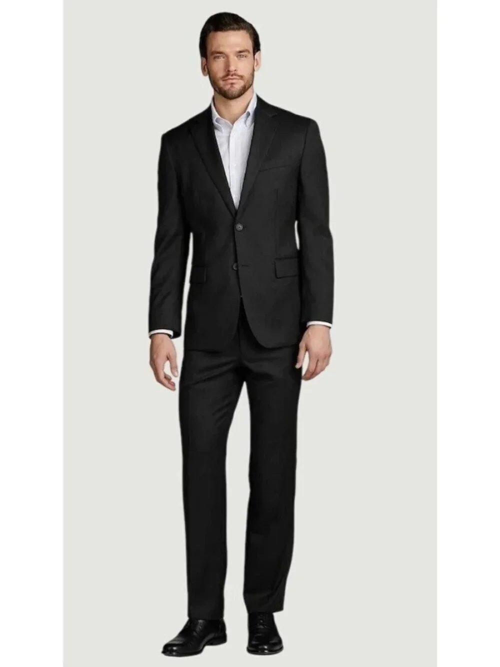 Jos. A. Bank Signature Black Wool Suit 43L Blazer, 37W Pants Raw hem K1215